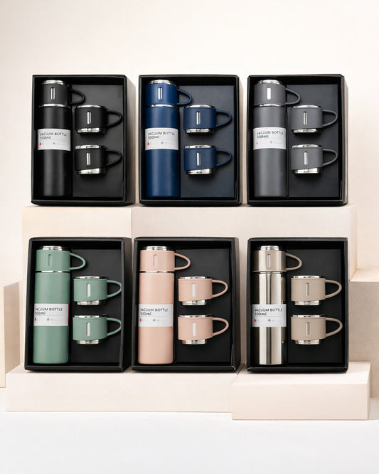 Premium Vacuum Flask Set with Bottle & Cups for Travel & Gifting