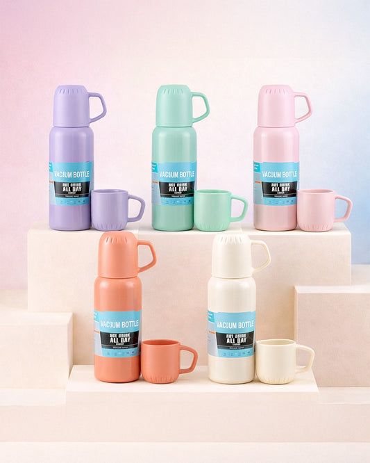 Red Stainless Steel Vacuum Flask Set with Cups for Hot & Cold Drinks