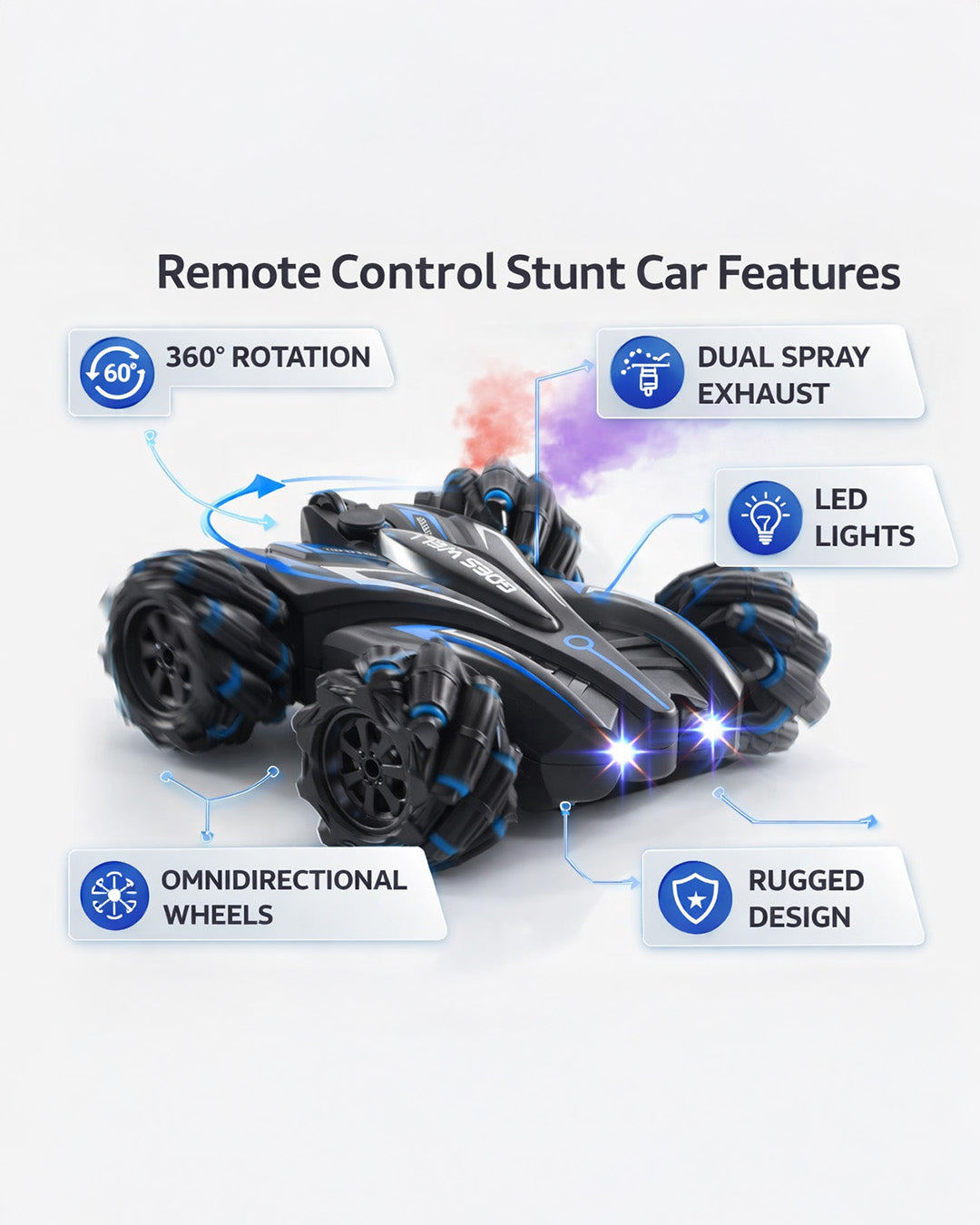 Remote Control Stunt Car with Spray & LED Lights