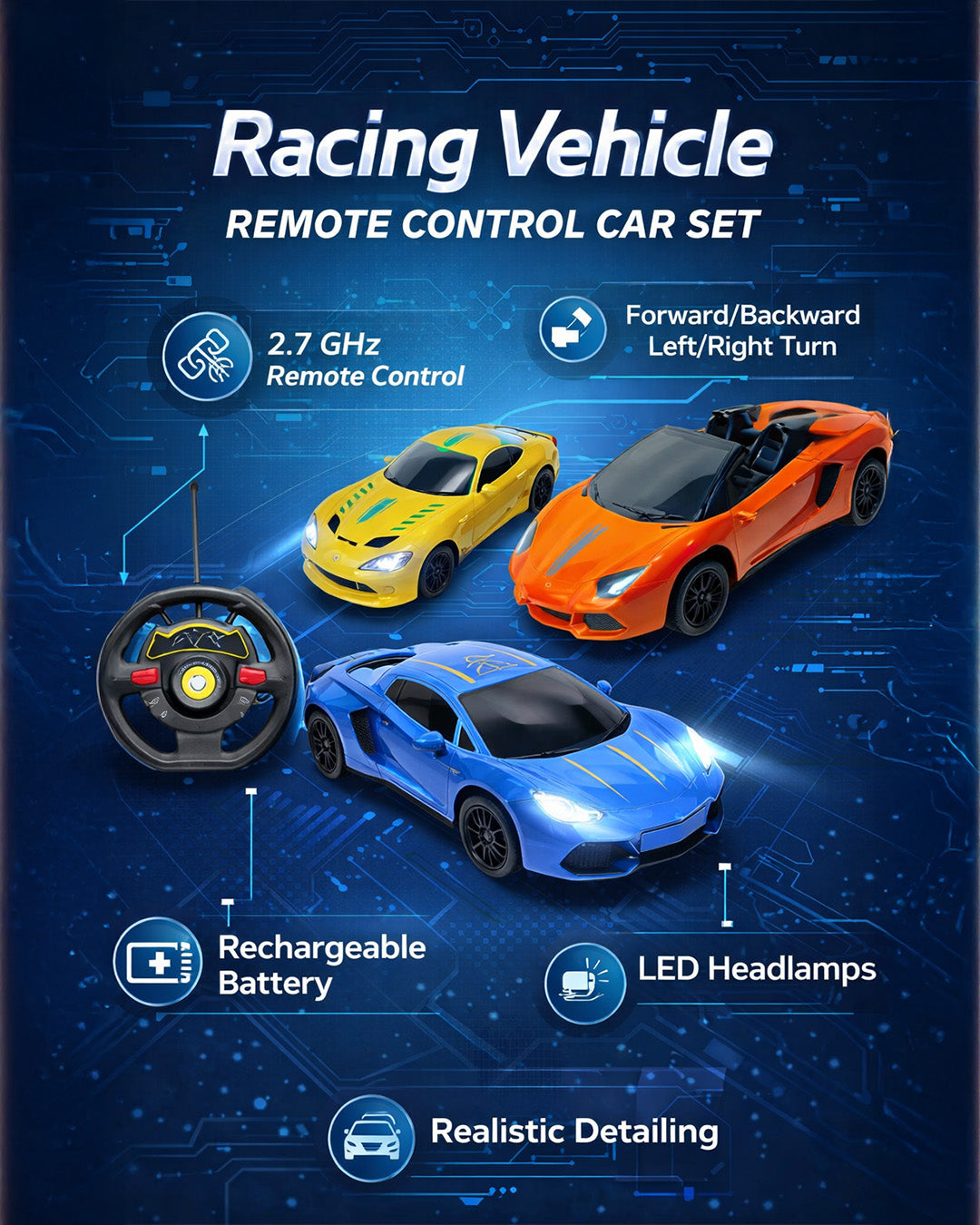 RC Racing Car with Rechargeable Battery & LED Headlights