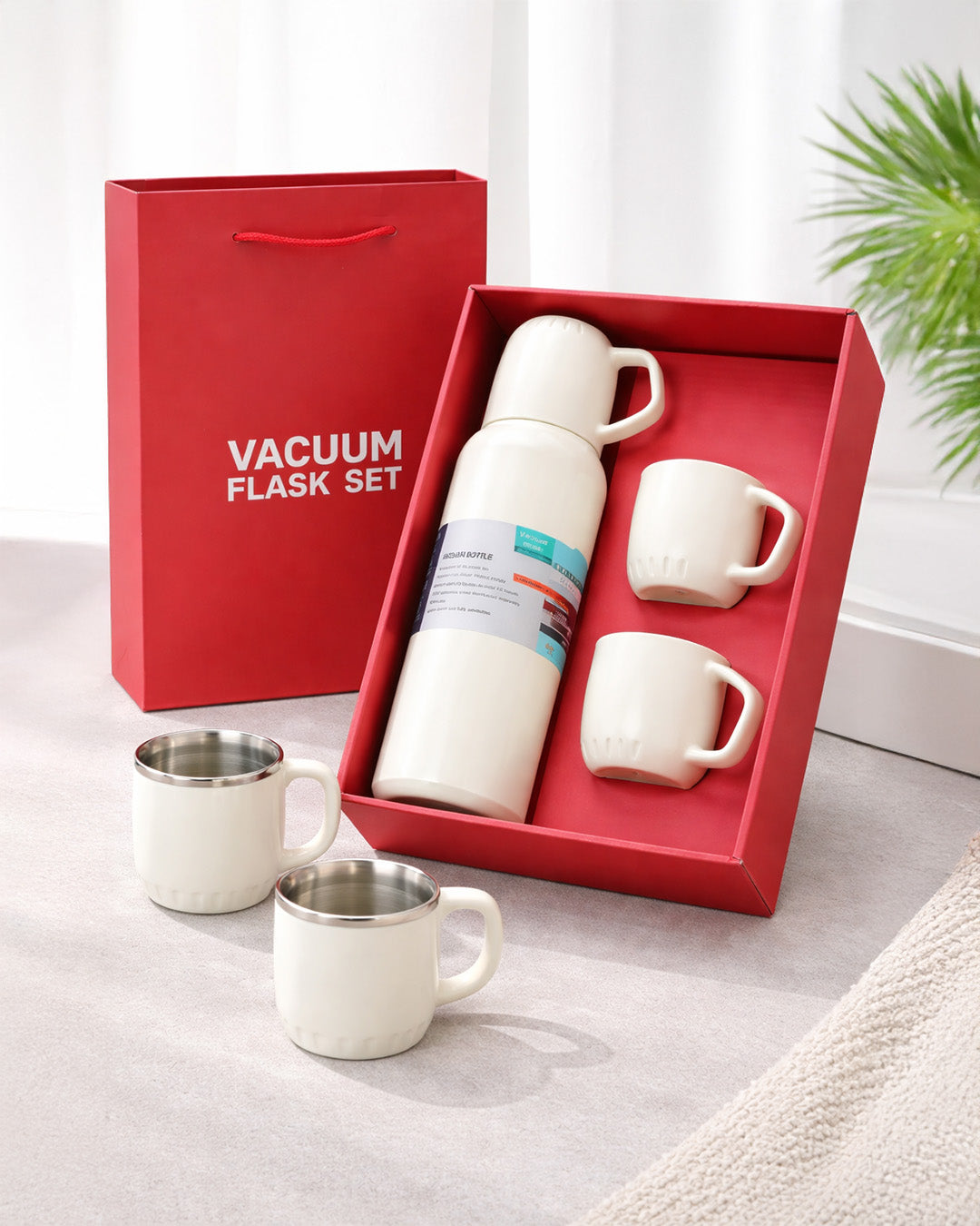 Red Stainless Steel Vacuum Flask Set with Cups for Hot & Cold Drinks