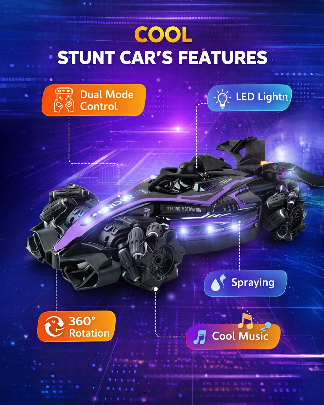 RC Racing Stunt Car with Music, Lights & Rotation