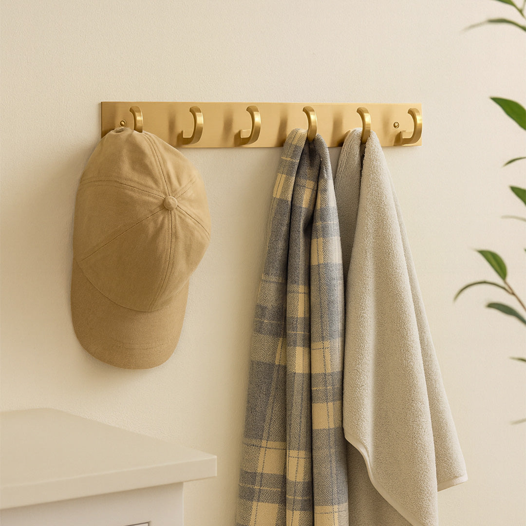 Primehut® 6 & 8 Pin Chrome Wall Hanger – Brushed Rose Gold Heavy-Duty Metal Hook Rail for Modern Home Organization