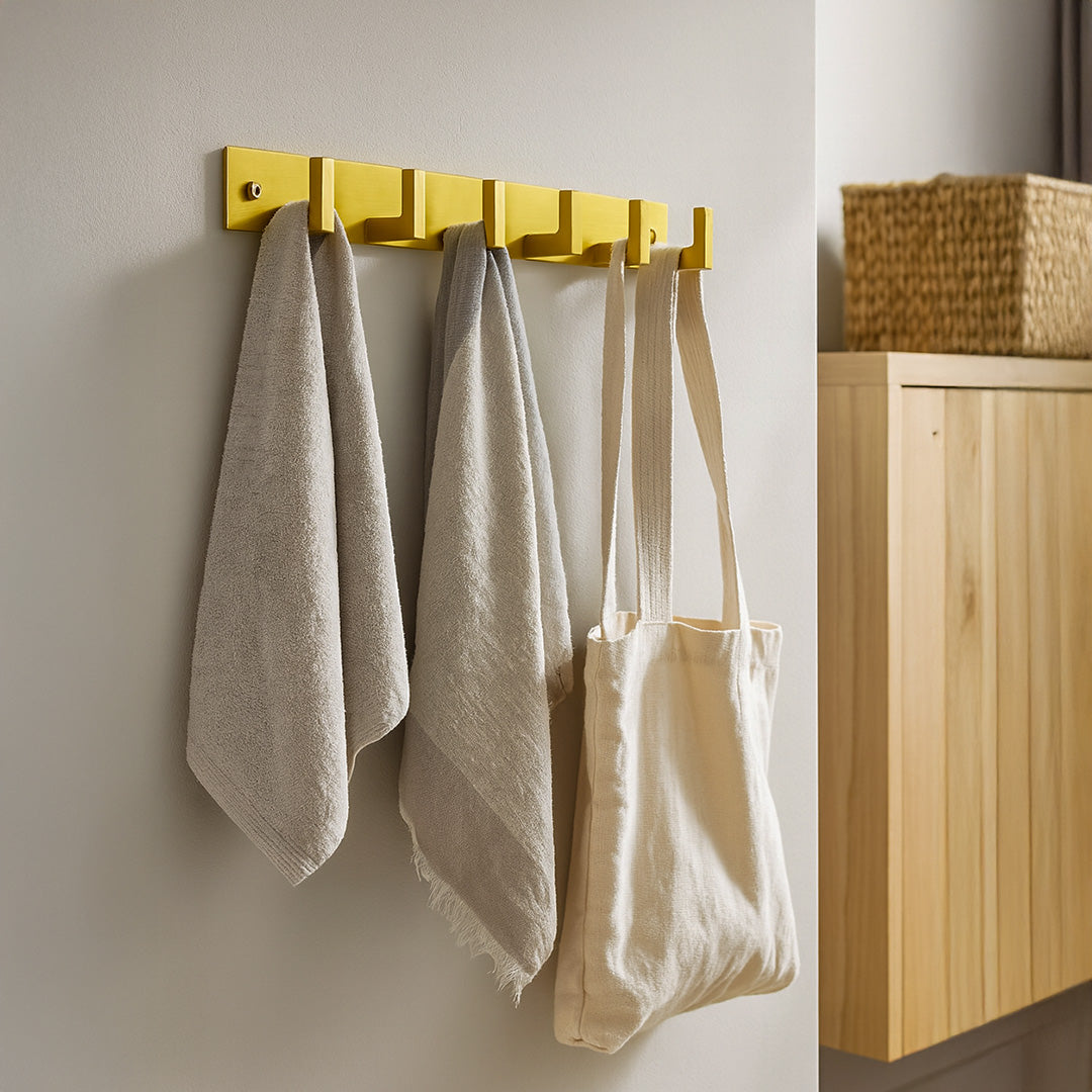 Primehut® 6 & 8 Pin Chrome Wall Hanger – Matte Gold Heavy-Duty Metal Hook Rail for Modern Home Organization