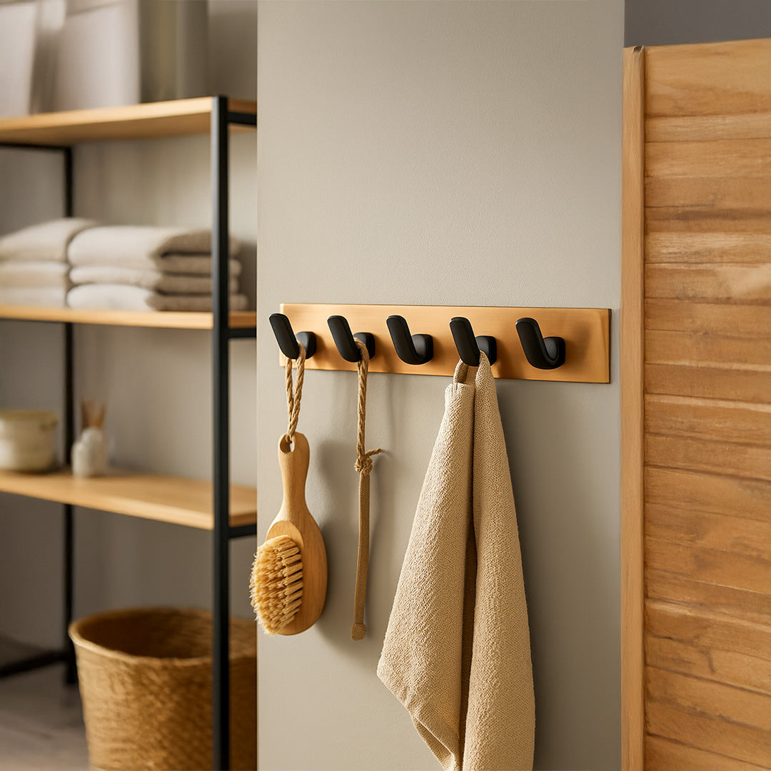 Primehut®  6 & 8 Pin Chrome Wall Hanger – Rose Gold Metal Hook Rail with Matte Black Finish for Modern Home Organization