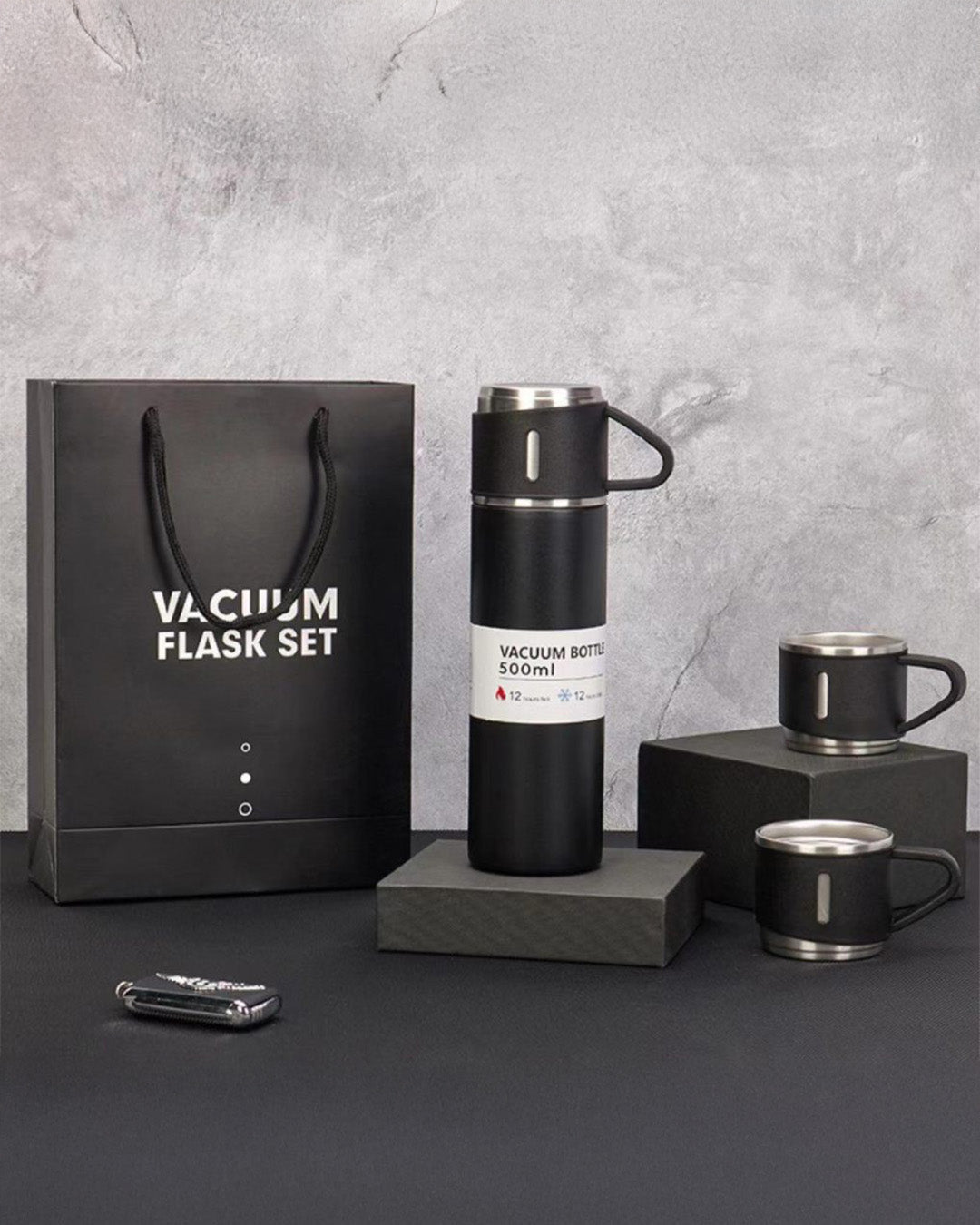 Premium Vacuum Flask Set with Bottle & Cups for Travel & Gifting