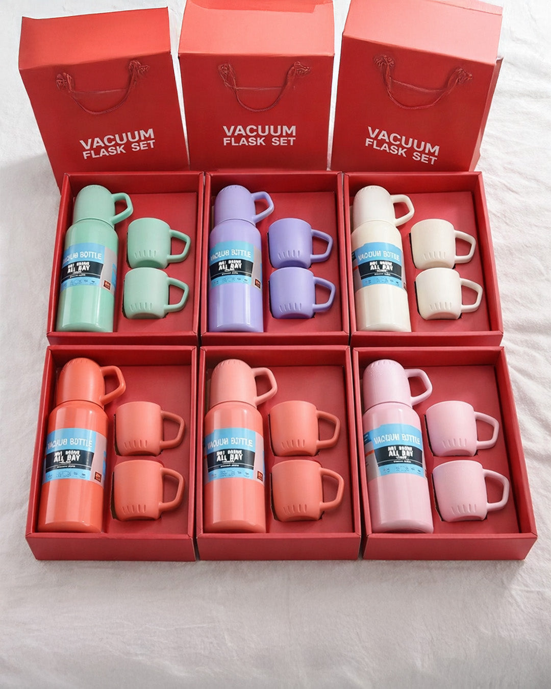 Red Stainless Steel Vacuum Flask Set with Cups for Hot & Cold Drinks
